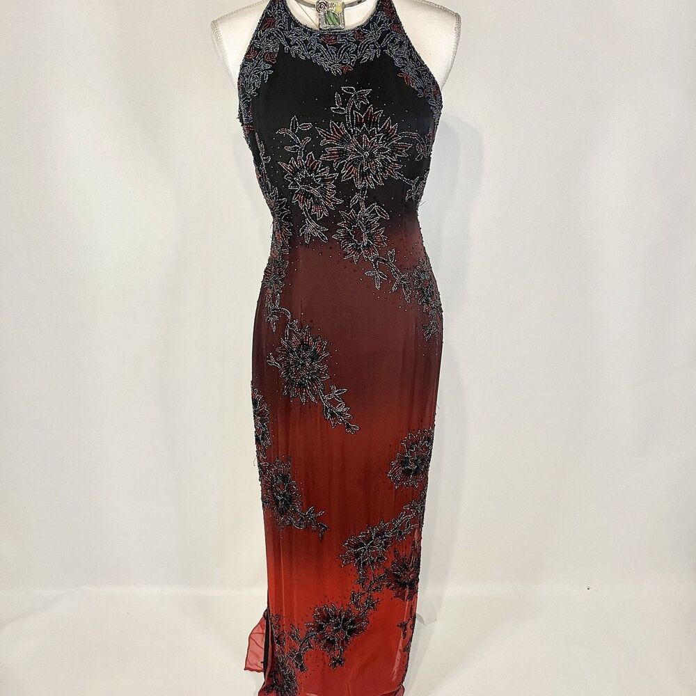 Y2K Vintage Mia Bella Pure Silk Beaded Ombré Open Back Romantic Goth Size M